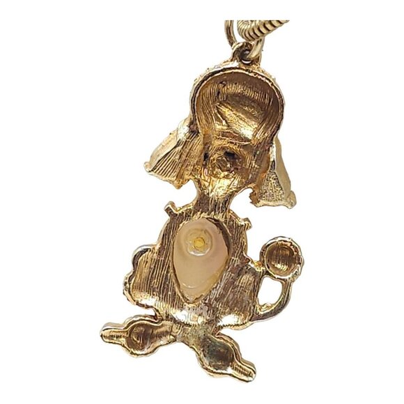 Blue Rhinestone Dog Pendant Snake Chain Necklace Faux Pearl Textured Gold Tone - Picture 3 of 8